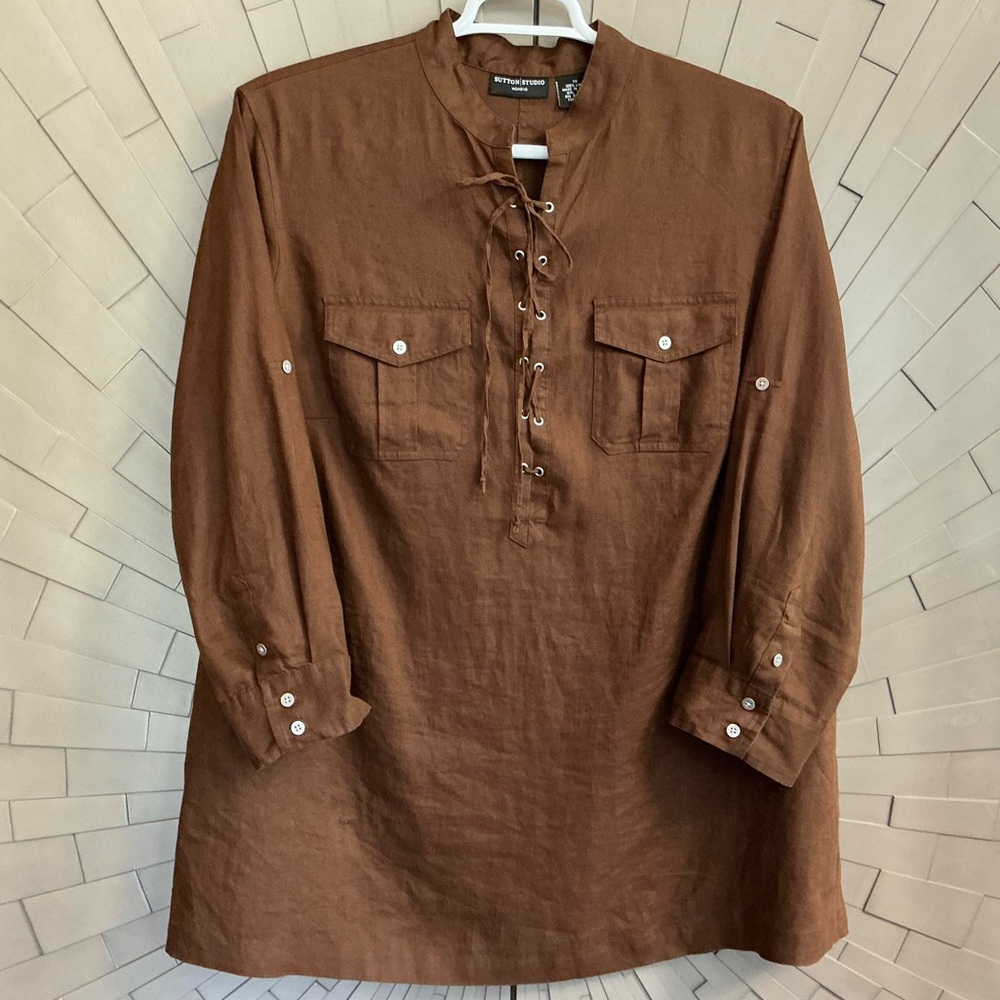Sutton Studio Lace-Up Linen Convertible Sleeve Tunic Top 1X